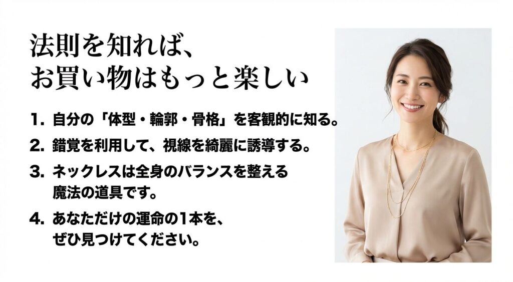 体型や錯覚を利用したネックレス選びの法則を知って自分だけの運命の1本を見つけるためのまとめ図解
