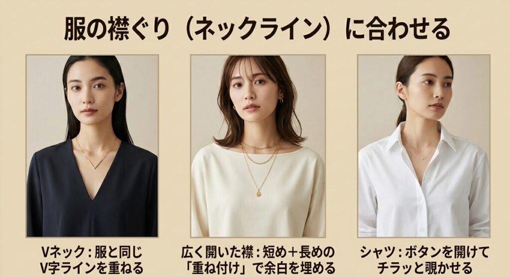 Vネックや大きく開いた首元など、服の襟ぐりに合わせてネックレスで視線を操るスタイリングの図解