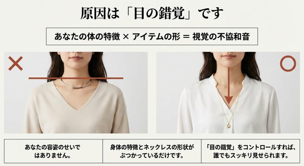 ネックレスが似合わない原因は容姿ではなく、身体の特徴と形状がぶつかっている「目の錯覚」であることを解説した図解