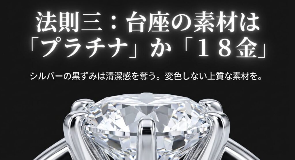 法則三：台座の素材は「プラチナ」か「18金」。シルバーの黒ずみは清潔感を奪うため、変色しない上質な素材を。