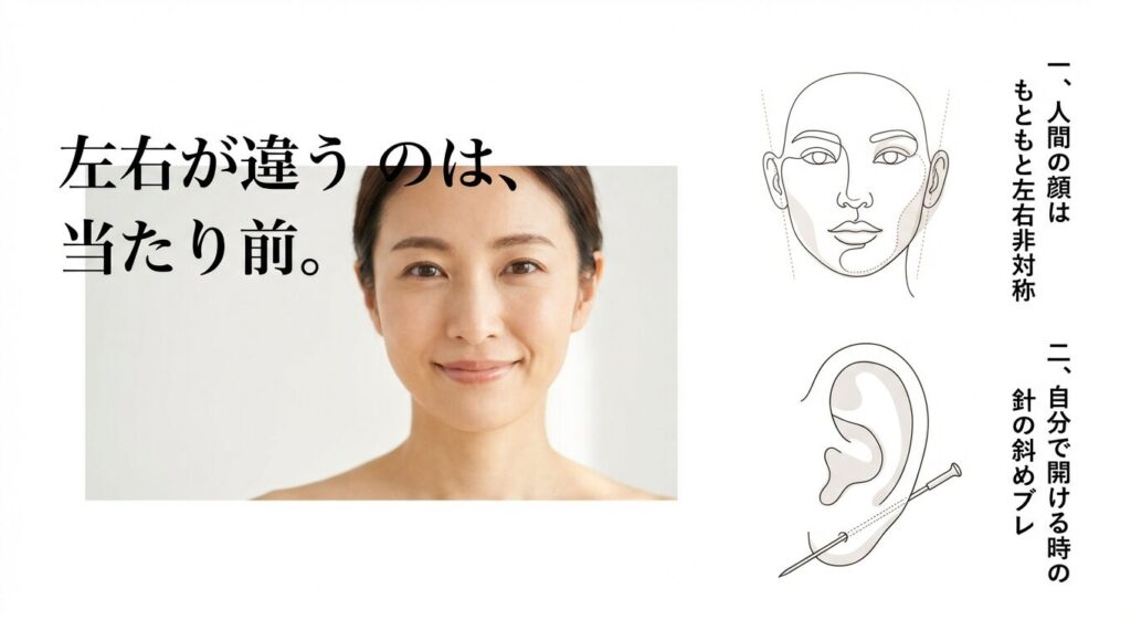 ピアスの左右が違うのは当たり前。人間の顔の非対称性と自分で開ける時の針の斜めブレが原因