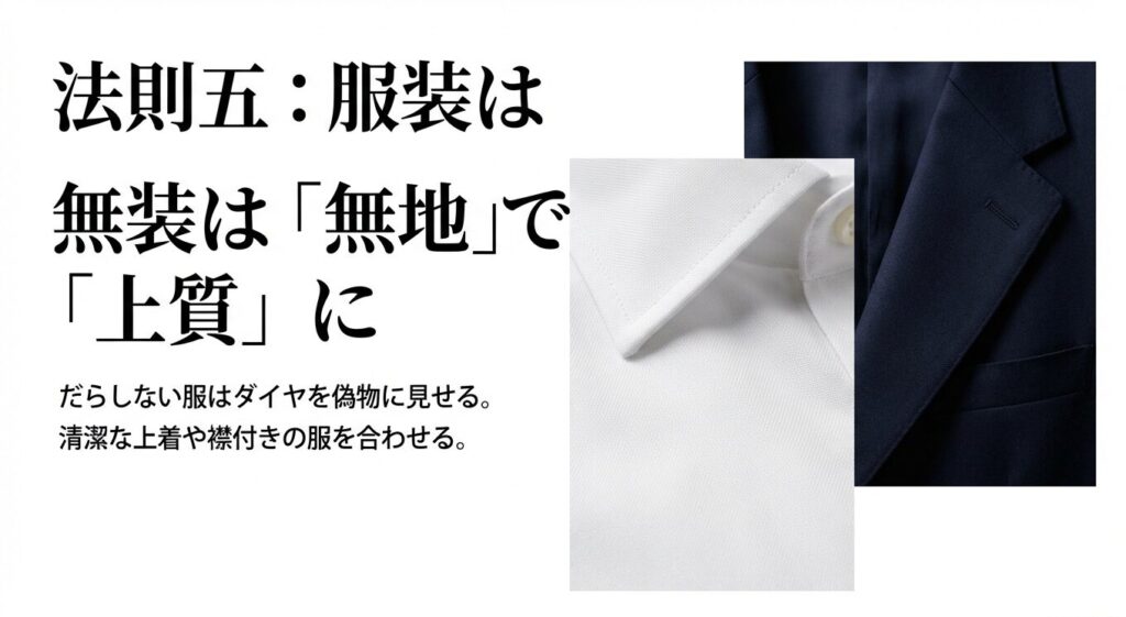 法則五：服装は「無地」で「上質」に。だらしない服はダイヤを偽物に見せるため、清潔な上着や襟付きの服を合わせる。