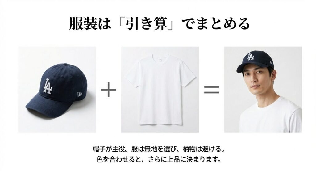 服装は引き算でまとめる。帽子を主役に服は無地を選び、色を合わせるスタイリングのコツ