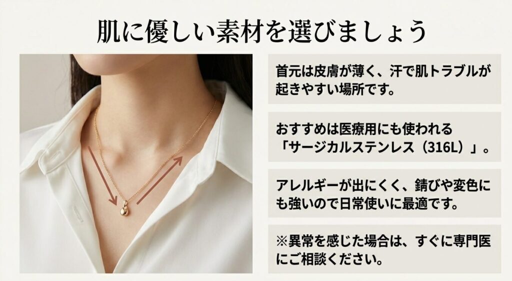 金属アレルギーが出にくく日常使いに最適なサージカルステンレス(316L)素材のメリット解説図