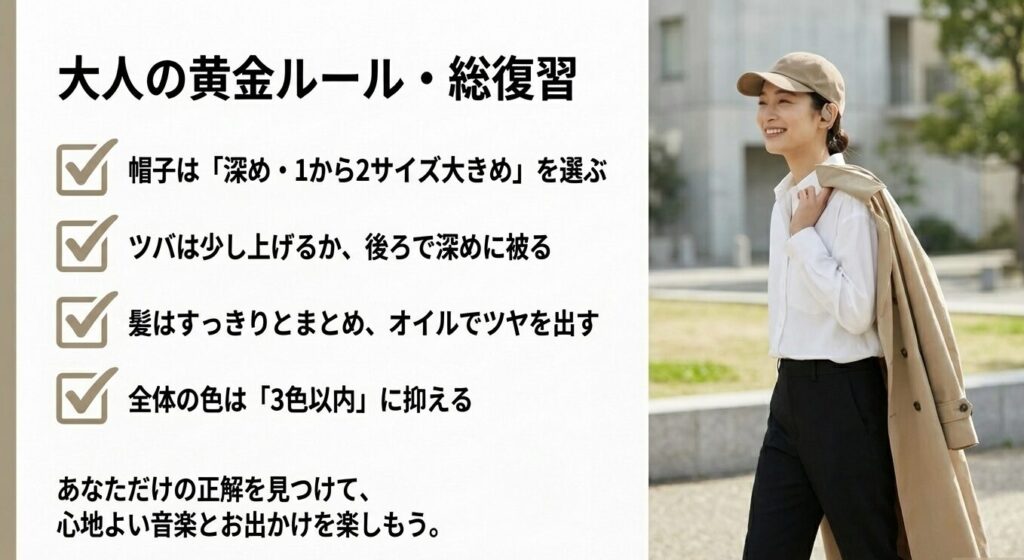 帽子は深めを選ぶ、全体の配色は3色以内にするなど、大人のキャップとヘッドホンコーデの総復習チェックリスト