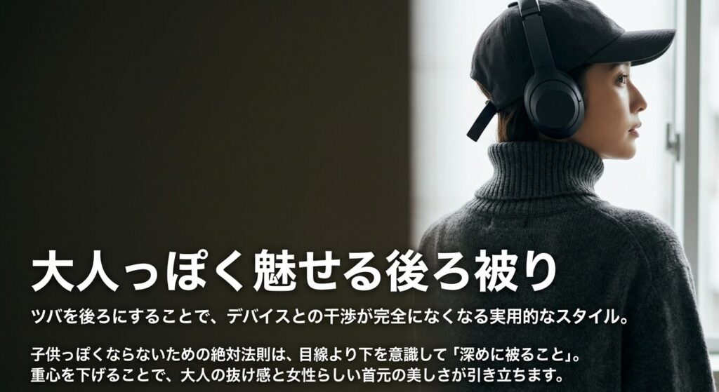 デバイスとの干渉をなくし大人っぽく魅せる、深めを意識したキャップの後ろ被りスタイル