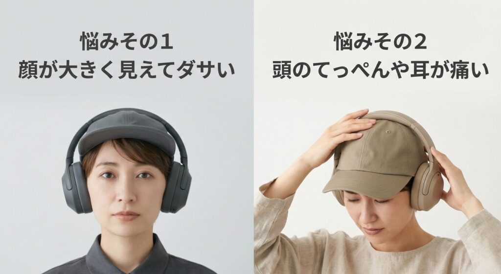 キャップにヘッドホンを合わせる際の悩みである「顔が大きく見えてダサい」「頭のてっぺんや耳が痛い」を示した図