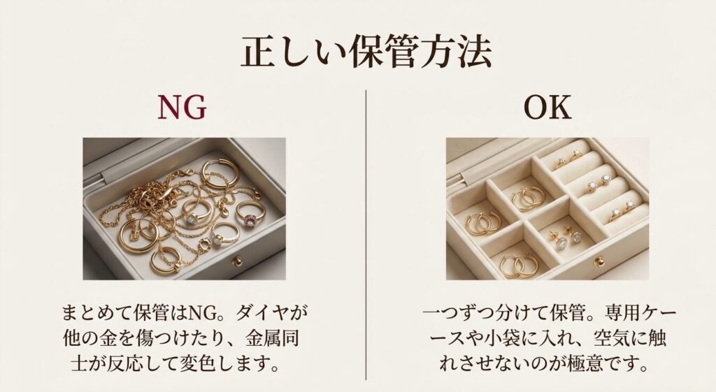 まとめて保管はNG、一つずつ分けて保管するOKなジュエリーボックスの例