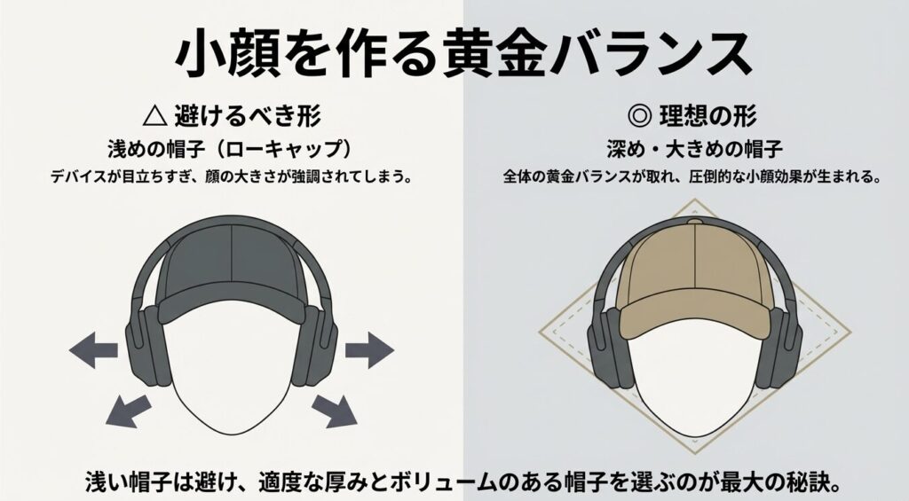 避けるべき浅めのローキャップと理想的な深め・大きめのボリュームキャップの比較図
