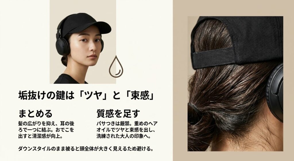 キャップとヘッドホン着用時の垢抜けの鍵となる、すっきりとまとめた髪とツヤ・束感のスタイリング