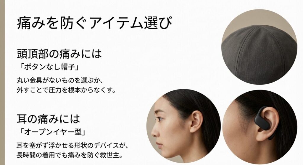 頭頂部の痛みを防ぐボタンなし帽子と、耳の痛みを防ぐオープンイヤー型デバイスの紹介