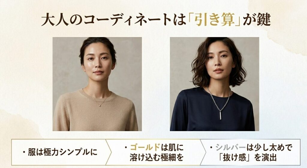大人の魅力と抜け感を引き立てるシンプルなネックレスコーディネート