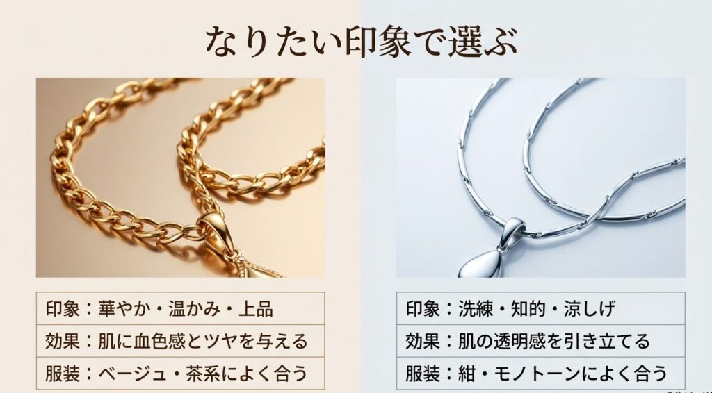 ゴールドとシルバーのネックレスが与える視覚的印象の違い
