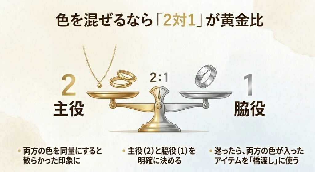 ゴールドとシルバーの重ね付けの黄金比率2対1の解説