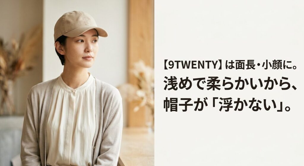 女性がベージュのキャップを被っている様子。9TWENTYは面長・小顔の骨格におすすめ。浅めで柔らかいから帽子が浮かない。