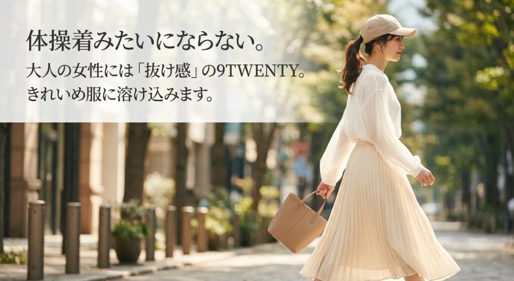 体操着みたいにならない。大人の女性には「抜け感」の9TWENTYがおすすめ。きれいめ服に溶け込みます。