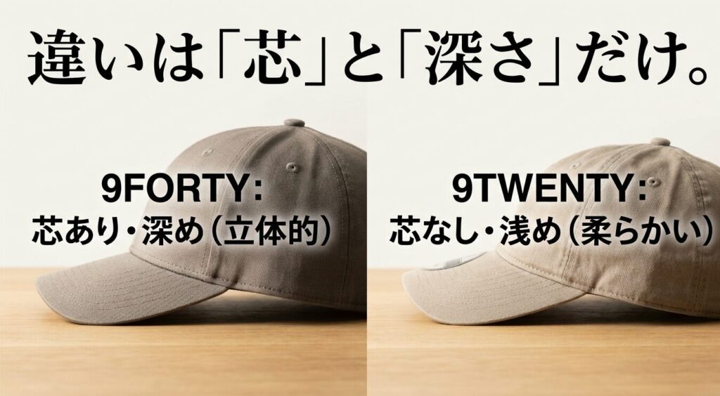 9FORTYと9TWENTYの違いは「芯」と「深さ」だけ。9FORTYは芯あり・深めで立体的、9TWENTYは芯なし・浅めで柔らかい構造。