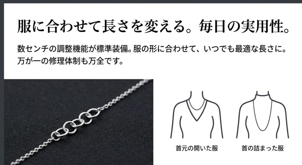 首元の開いた服や詰まった服に合わせて長さを調整できる機能