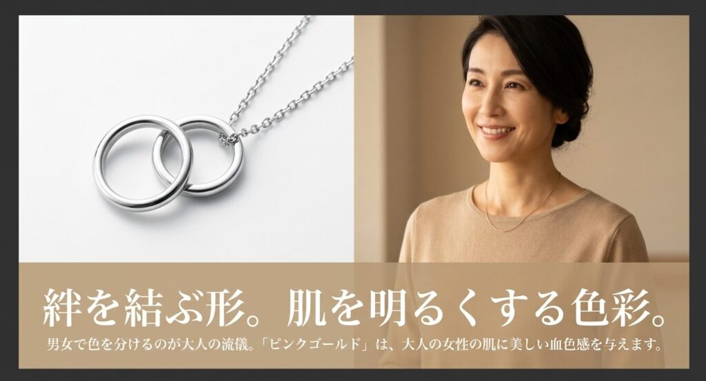 絆を結ぶダブルリングのペアネックレスと肌を明るくするピンクゴールド