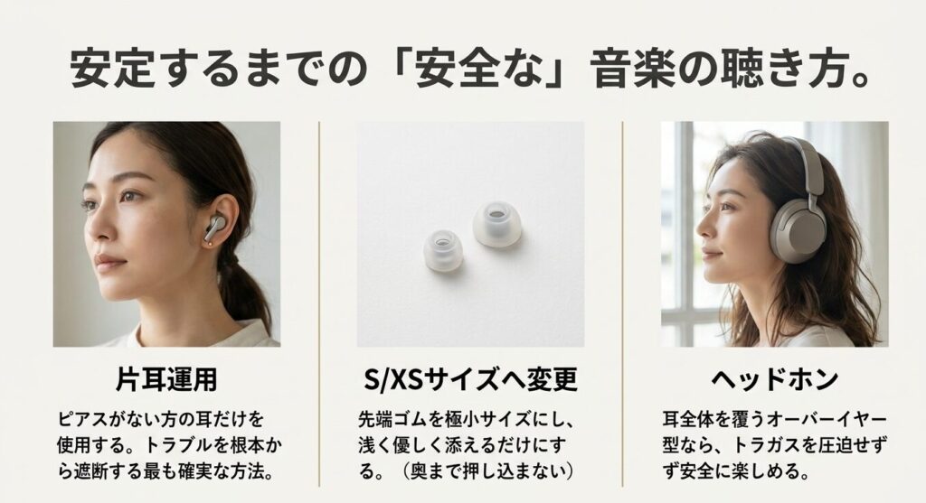 片耳運用や極小イヤーピースへの変更、ヘッドホンなどピアスホール安定までの安全な音楽の聴き方
