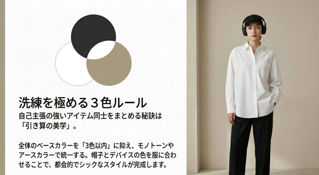 コーディネート全体のベースカラーを3色以内に抑え、モノトーンやアースカラーで統一する引き算の美学
