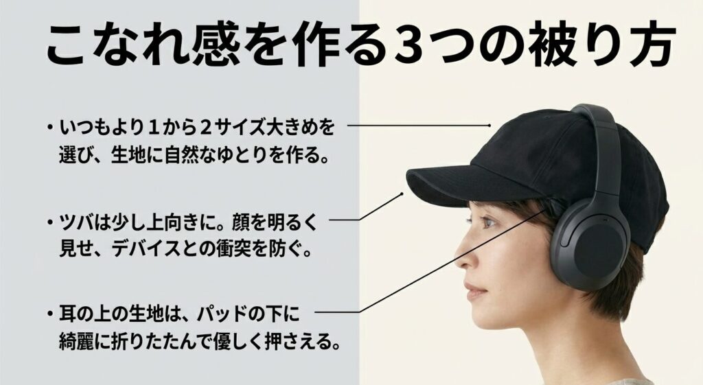いつもより1〜2サイズ大きめを選ぶなど、こなれ感を作るキャップの3つの被り方