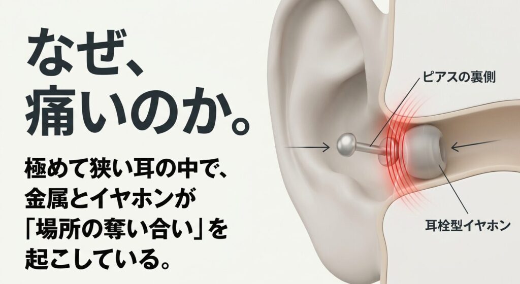極めて狭い耳の中でトラガスピアスの裏側と耳栓型イヤホンが場所の奪い合いを起こしている図解