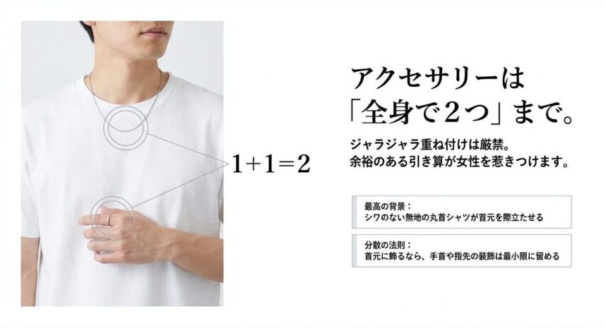 アクセサリーは全身で2つまで。ジャラジャラ重ね付けは厳禁とし、手首や指先の装飾を最小限に留める「分散の法則」の図解
