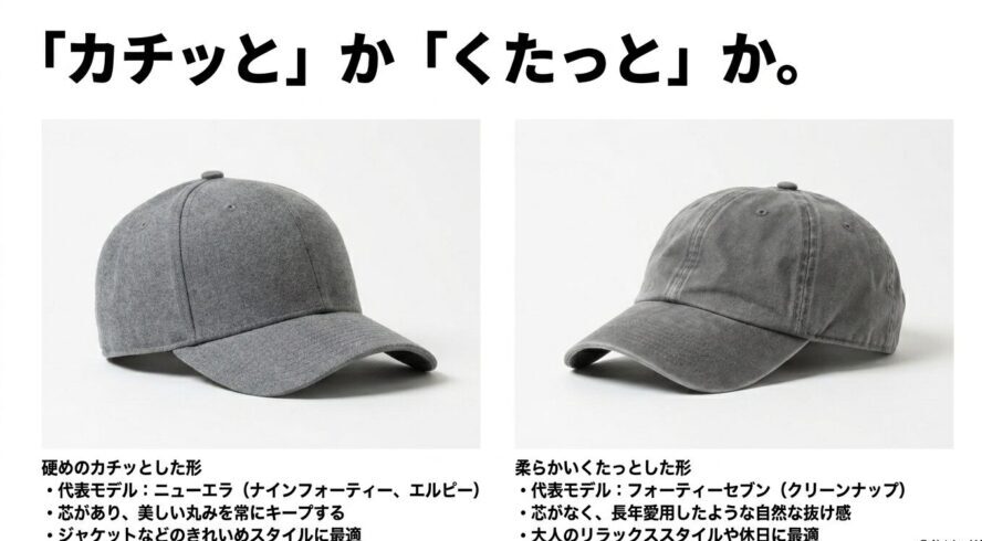 カチッとした形（ニューエラ等）とくたっとした形（47等）の比較