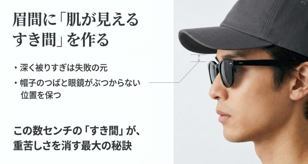 帽子のつばと眼鏡がぶつからない位置を保ち、眉間に肌が見えるすき間を作ることで重苦しさを消す被り方のテクニック