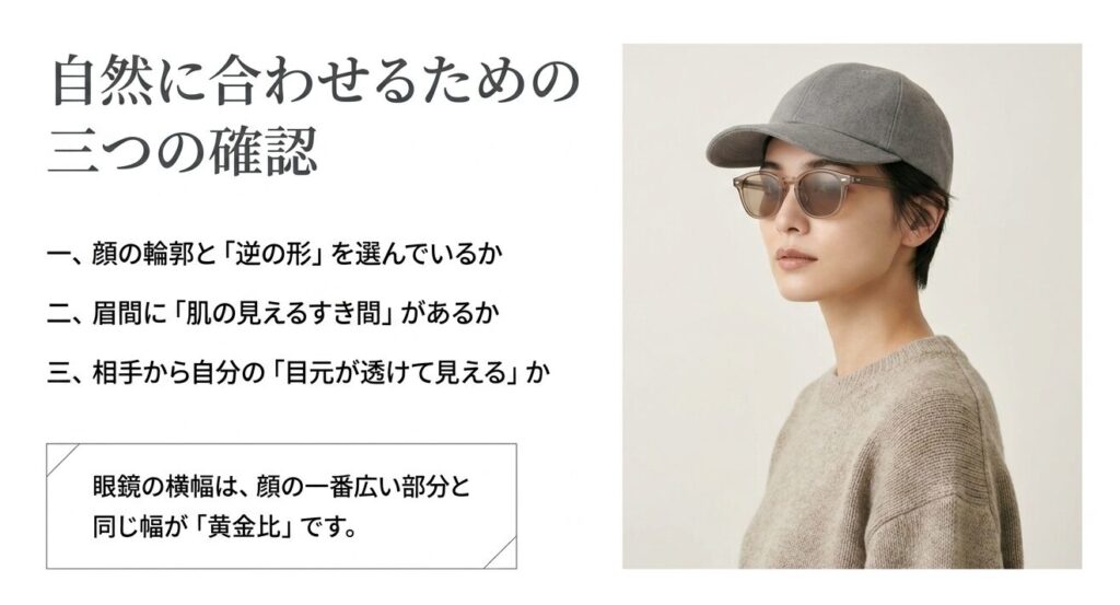 顔の輪郭との逆の形、眉間のすき間、目元が透けるかの3点の確認項目と、眼鏡の横幅の黄金比について解説した画像
