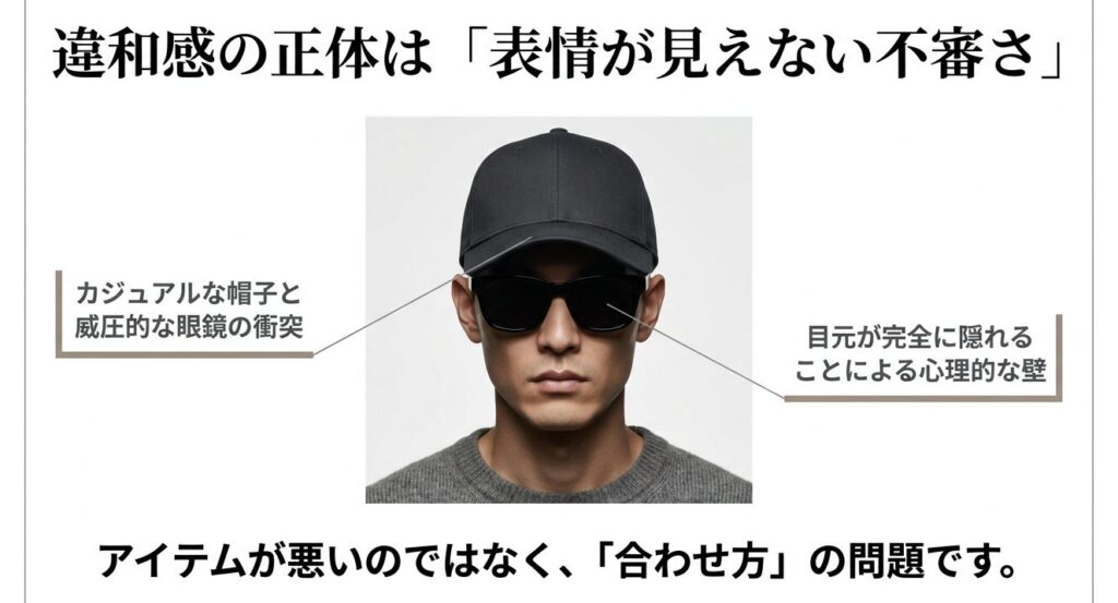 目元が完全に隠れることで威圧感と不審さが出ている、キャップと黒いサングラスを着用した男性の画像