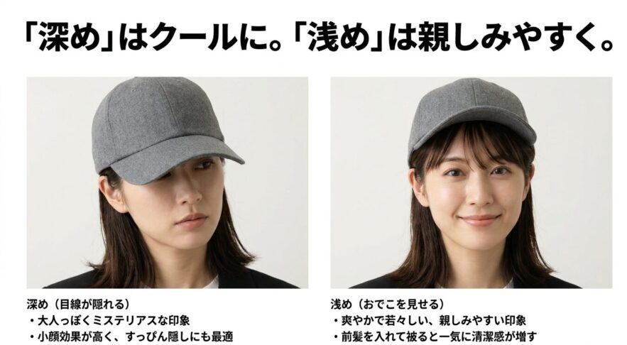 キャップの深め被り（クール）と浅め被り（親しみやすい）の違い
