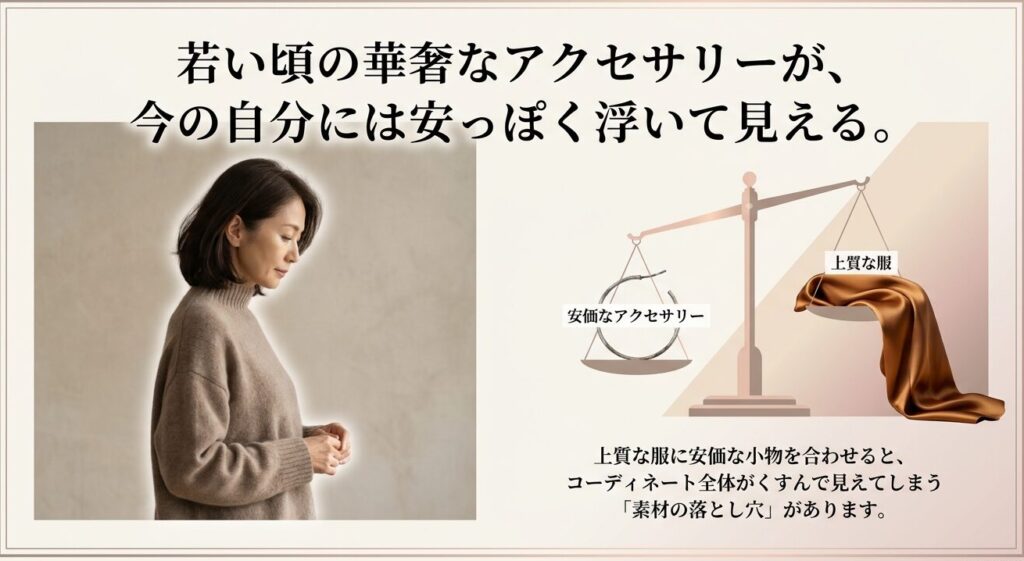 安価なアクセサリーと上質な服の素材の落とし穴を表した天秤のイラスト