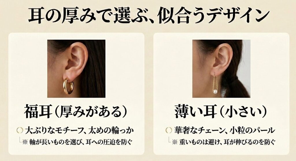 耳の厚みで選ぶ似合うデザイン。福耳には大ぶりなモチーフや太めの輪っか、薄い耳には華奢なチェーンや小粒のパールがおすすめ。