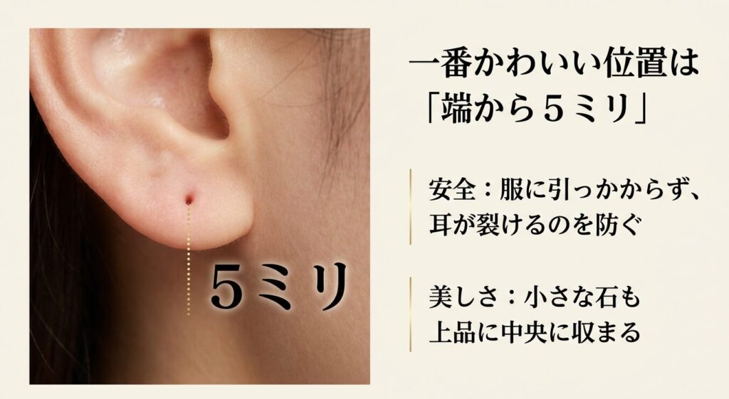 耳たぶピアスの一番かわいい位置は端から5ミリ。服に引っかからず安全で、小さな石も美しく上品に収まる位置。