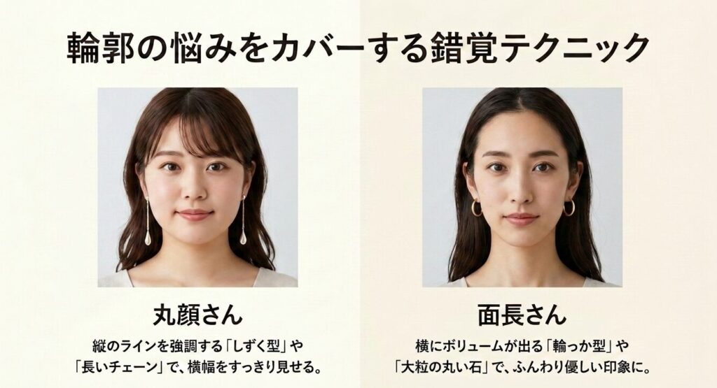輪郭をカバーするテクニック。丸顔さんはしずく型や長いチェーンで縦を強調し、面長さんは輪っか型や大粒の丸い石で横にボリュームを出す。