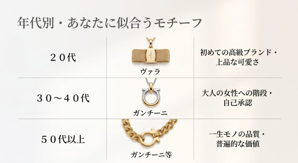20代のヴァラ、30代・40代のガンチーニ、50代以上のファインジュエリーなど、年代別に似合うフェラガモのモチーフ一覧