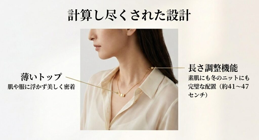 肌や服に浮かず美しく密着する薄いトップと、素肌にも冬のニットにも対応できる長さ調整機能の解説