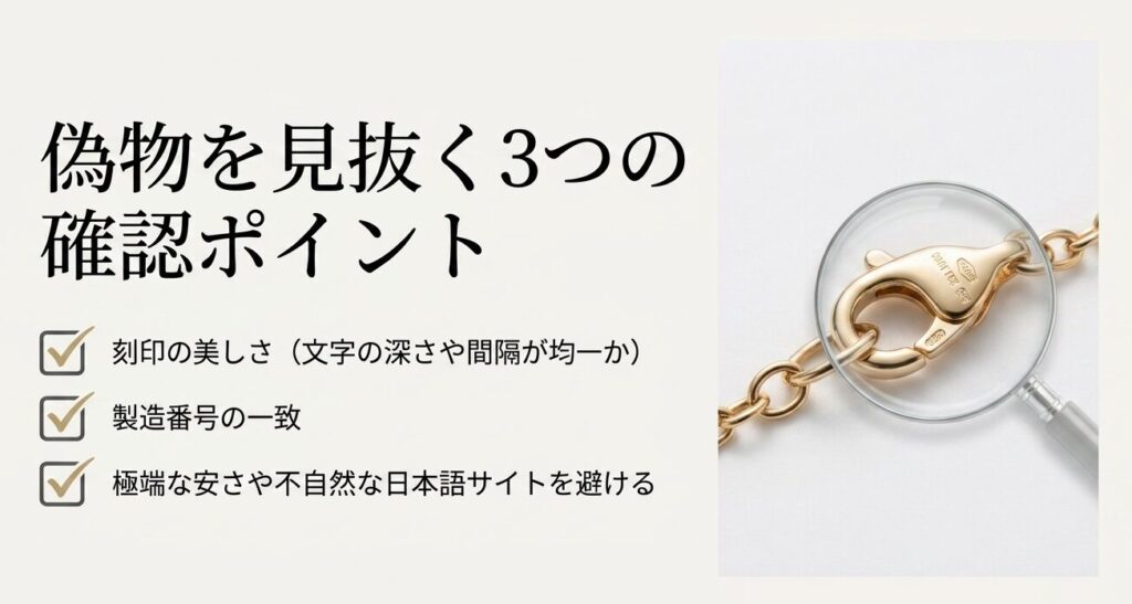 刻印の美しさ、製造番号の一致、極端な安さや不自然なサイトを避けるといった、偽物を見抜く3つの確認ポイント