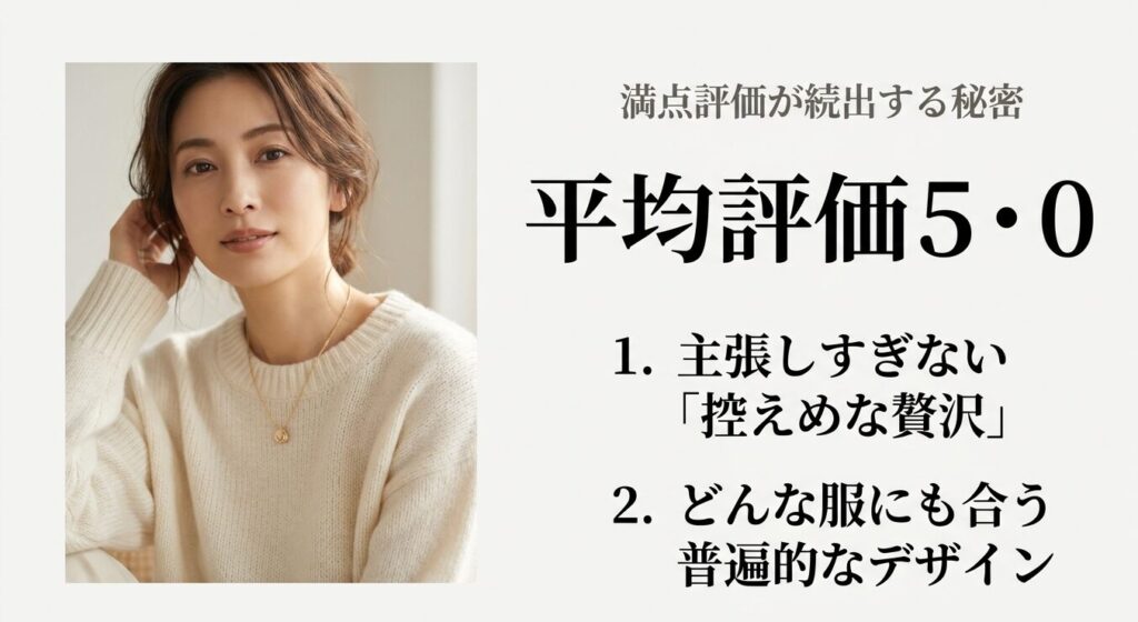 満点評価が続出する秘密として、主張しすぎない控えめな贅沢とどんな服にも合う普遍的なデザインを解説するスライド