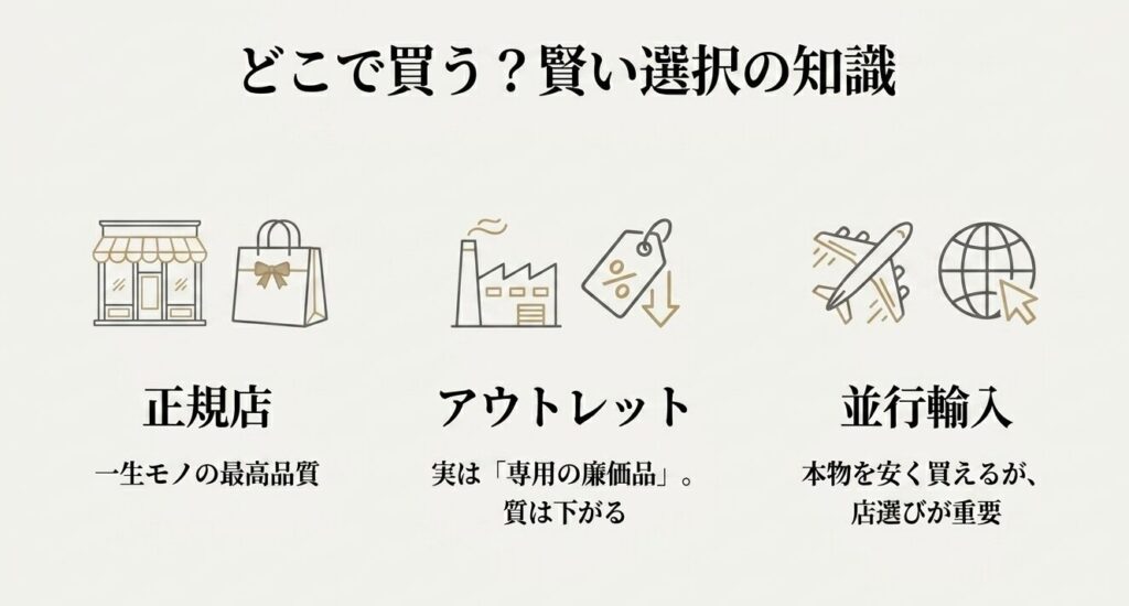 正規店、アウトレット、並行輸入のそれぞれの特徴と、どこで買うべきか賢い選択の知識を比較したスライド
