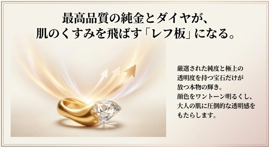 カルティエの純金とダイヤモンドが肌のくすみを飛ばすレフ板効果の解説