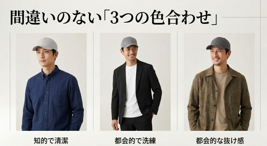 グレーキャップに合うネイビー、ブラック、ブラウンの3つのコーディネート例。知的、都会的、抜け感といったそれぞれの印象を解説。