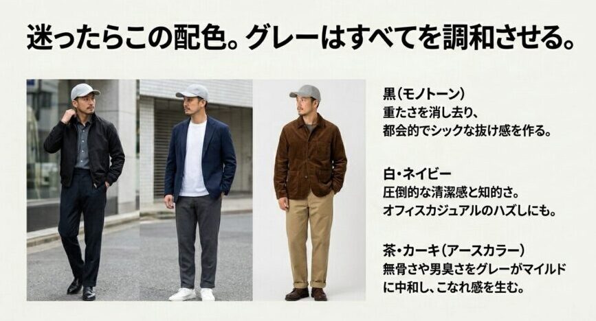 グレーキャップに合うモノトーン、白・ネイビー、茶・カーキの配色例