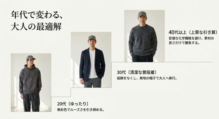 20代はルーズさを引き締める、30代は無地で大人へ移行、40代以上は素材の良さで勝負といった、年代別のスタイリングのポイント