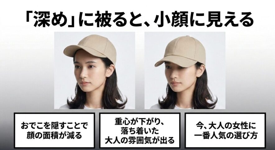 おでこを隠して顔の面積を減らし、小顔に見せる深めキャップの効果