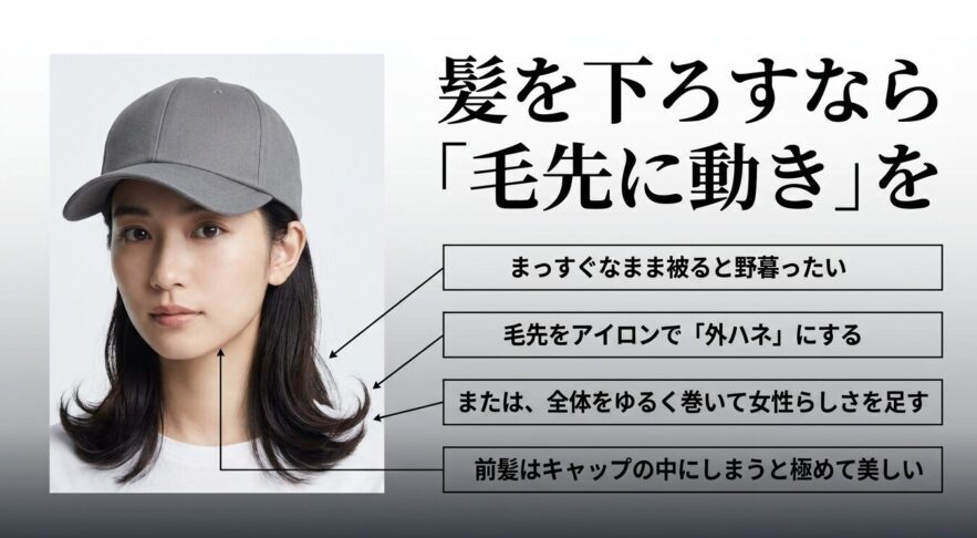 髪を下ろしてキャップを被る際の外ハネやゆる巻きなど、毛先に動きをつけるヘアアレンジ