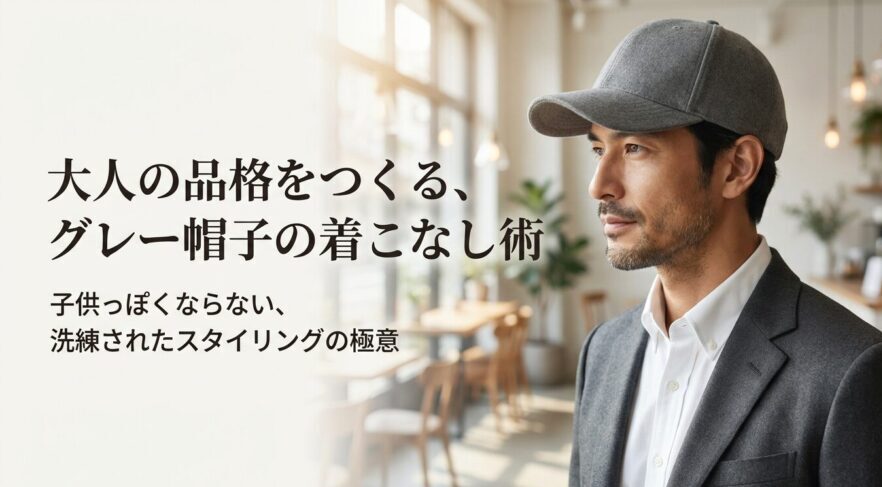 グレーキャップを使ったメンズコーディネートの基本と洗練されたスタイリングの極意を解説するスライドの表紙。