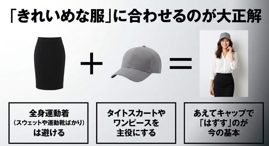 全身運動着を避け、タイトスカートやワンピースなどのきれいめな服に合わせる着こなし